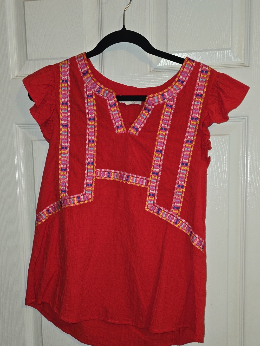entro Red Embroidered Flutter-Sleeve Blouse